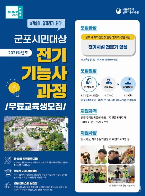 군포시, 시민대상 서울남부기술교육원 전기기능사 무료 직업교육훈련생 모집 < 생활경제 < 경제 < 기사본문 - 글로벌뉴스통신GNA 군포시... 